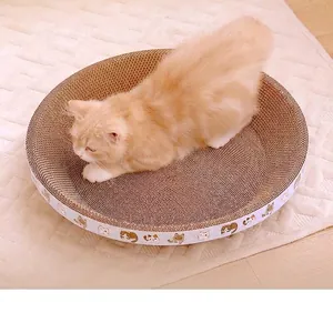 Rascador premium redondo de cartón ondulado en forma de cuenco con motivos y gato