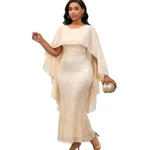 Elegantes champagnerfarbenes Paillettenkleid mit fließendem Chiffon-Cape für Partys