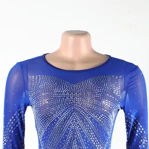 Detail shot of royal blue evening dress featuring intricate silver rhinestone patterns