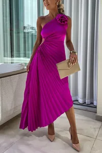 Elegant magenta one-shoulder pleated maxi dress with 3D floral and cutout detail.