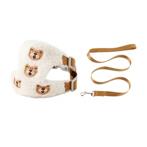 Cozy sherpa fleece dog harness and leash set featuring cute teddy bear embroidery for winter