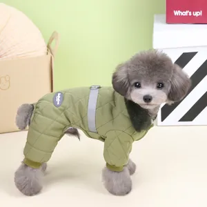 Thickened winter warm green diamond quilted dog coat with fur collar and full leg coverage