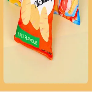 Close-up of potato chip bag plush toy showing fabric texture and salt flavour print