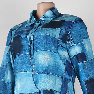 Detailed close-up of a slim fit lapel dress featuring a blue patchwork denim print design