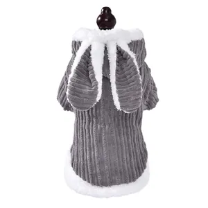 Felpa con cappuccio per cani in velluto a coste grigio con orecchie di coniglio in peluche