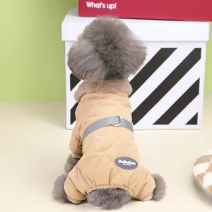 Premium thickened quilted winter dog coat with faux fur collar and harness ring in khaki