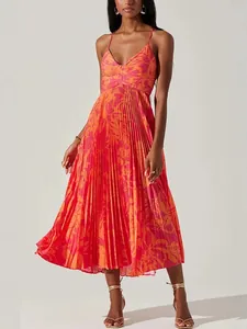 Women Sexy V Neck Spaghetti Strap Backless Pleated Floral Print Midi Dress Summer Beach Vacation Sundress Polyester