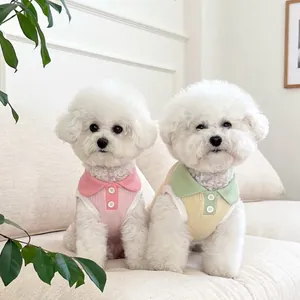 Zwei flauschige weiße Hunde tragen rosa und gelbe Polo-Westen auf einem cremefarbenen Sofa