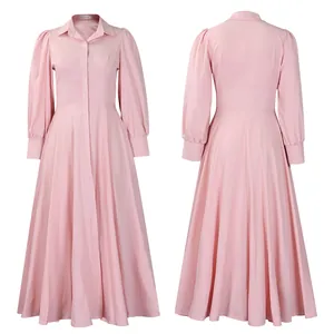 Vista frontal y trasera de un elegante vestido largo rosa con cuello de camisa y manga.