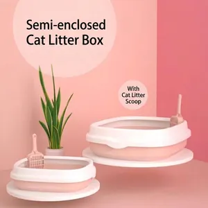 Semi-enclosed pink cat litter box with scoop, splash-proof PP cat toilet for pets