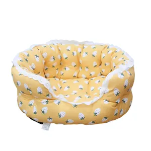 Yellow strawberry print semi-enclosed pet bed with lace trim for small dogs and cats