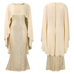 Vorder- und Rückansicht eines champagnerfarbenen Pailletten-Abendkleids mit Chiffon-Cape
