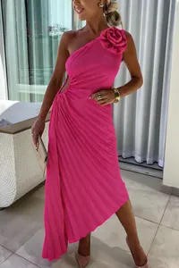 Elegant fuchsia one-shoulder pleated maxi dress featuring 3D flower detail and side cutout