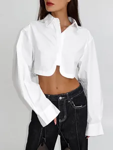Camicia corta in cotone bianco stile francese da donna, top minimalista per ufficio