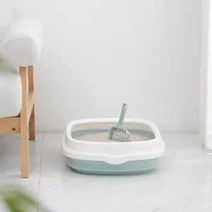 Semi-enclosed cat litter box with scoop in mint green and white color