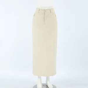 Frontal view showing the design of a beige high-waist straight midi skirt with pockets