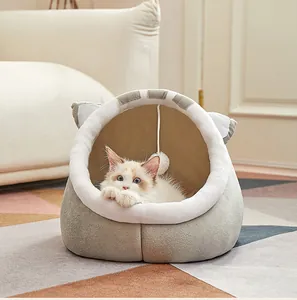 Cama para gatos cálida y semicerrada con diseño de orejas lindas para gatitos de interior