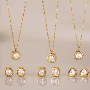Edelstahl Schmuckset Für Damen 18K Vergoldet Geometrische Anhänger Halskette Strass Ohrstecker Täglicher Schmuck