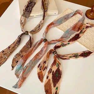 Vintage pleated printed skinny scarf necklace for women retro style fashion accessory