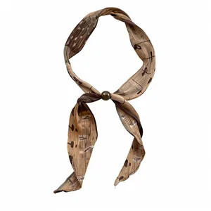 Vintage pleated printed neck scarf necklace with brown bead accent for stylish women