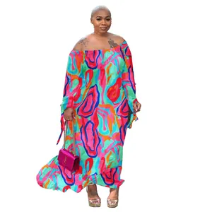 Sexy off-shoulder colorful abstract print maxi dress with long sleeves for women