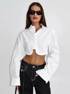 Camicia corta a maniche lunghe in cotone bianco stile francese da donna alla moda