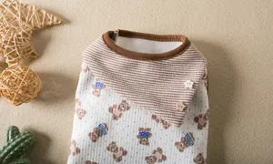 Detailed close-up view of pet bear print vest with cute star buttons and striped collar