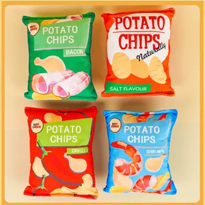 Set of four colorful plush squeaky dog toys shaped like potato chip bags for pets