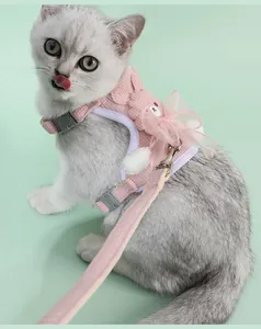 Dettaglio della pettorina rosa per gatti con orsetto e fiocco in pizzo su gattino grigio