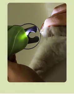 Close-up of professional LED pet nail clipper lighting up a cat claw for safe trimming