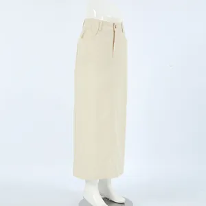 Detailed side profile view of a beige high-waisted straight midi skirt on a mannequin