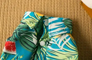 Dettaglio del colletto della camicia per cani con stampa di frutta tropicale e bottoni