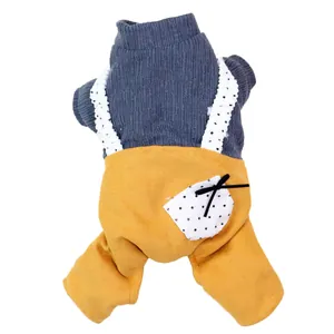 Warm pet suspender trousers set with blue sweater and mustard yellow pants for dogs