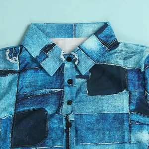Detail shot of blue patchwork print lapel collar and front buttons on a stylish dress