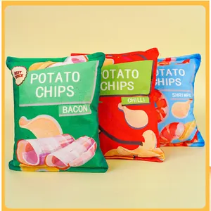 Detailed view of plush squeaky potato chip dog toys with crinkle paper in three colors