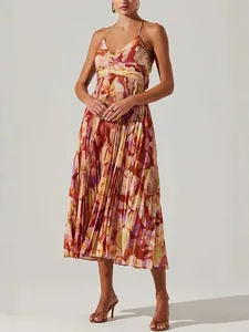Elegant floral printed pleated V-neck camisole midi dress for summer beach vacations