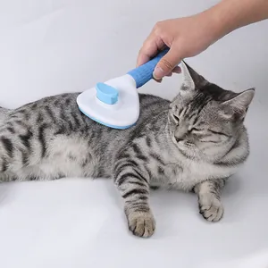 Cepillo de aseo azul y blanco para perros y gatos, cepillo autolimpiante de un solo clic