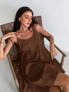Brown cotton linen midi sling dress for women with relaxed fit summer vacation style