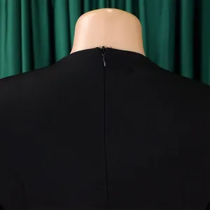 Back view detail of plus size black elegant dress showing hidden zipper closure