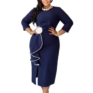 Elegant navy blue midi dress featuring 3D white flower and ruffled detail with split.