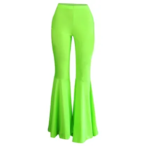 Pantalones acampanados de talle alto en verde neón con volantes para discoteca
