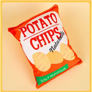 Close-up of plush squeaky potato chip toy for dogs with realistic printed details.