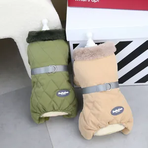 Olive green and beige diamond quilted dog winter coats with faux fur collars detail