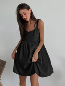 Summer casual black cotton linen camisole dress for women beach resort wear
