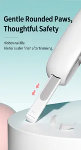 Close-up of the built-in hidden nail file on the white pet nail clipper for smoothing