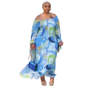 Elegant plus size off-the-shoulder blue floral print maxi dress with long sleeves for women