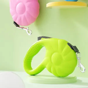 Detail of pumpkin-shaped retractable dog leash in vibrant green and pink colors