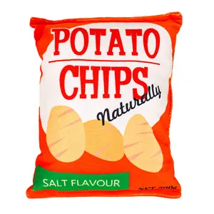 Detail shot of plush potato chip bag dog toy featuring salt flavor printed design