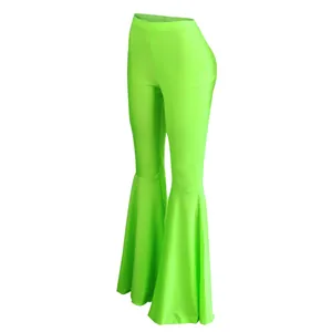 Pantalones de campana verde neón de cintura alta con dobladillo con volantes y corte ajustado