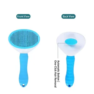 Cepillo de aseo autolimpiante profesional para perros y gatos, diseño azul y blanco